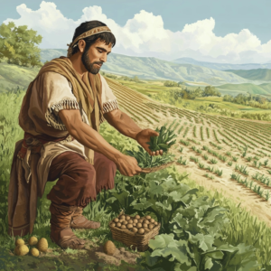 Adam working his fields after leaving the Garden of Eden